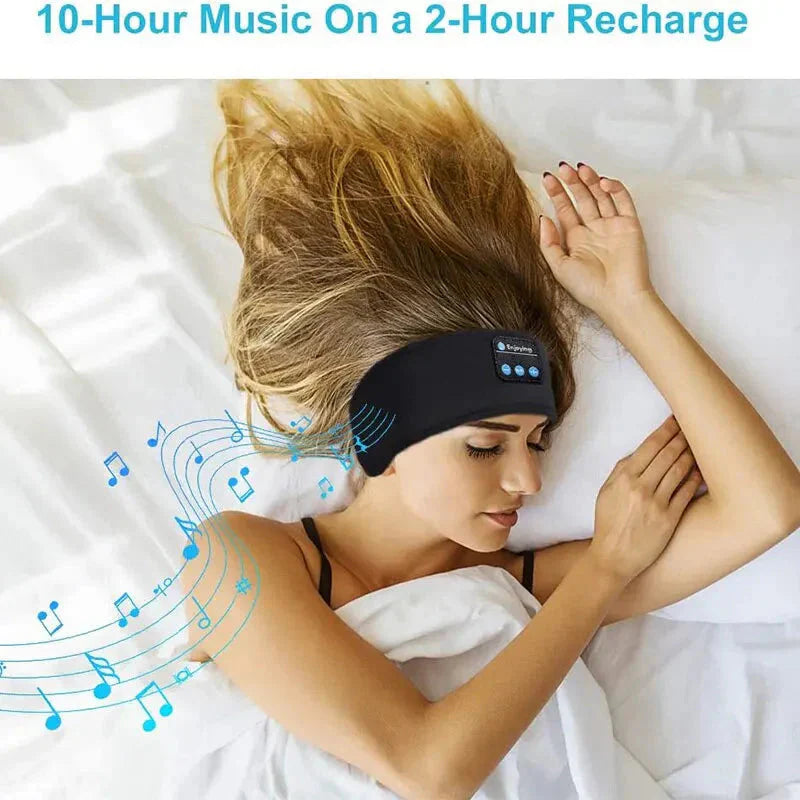 Woman sleeping with black Bluetooth sleep headband