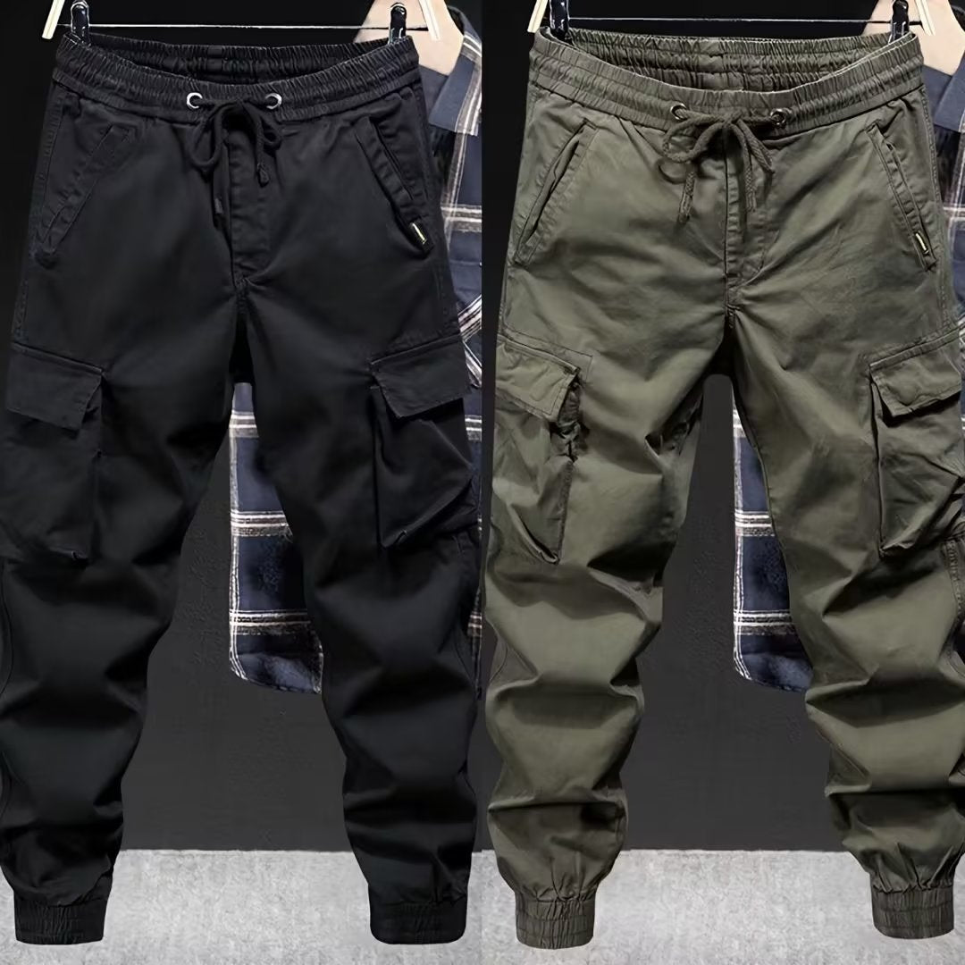 Men's high waist loose fit cargo pants in black and green