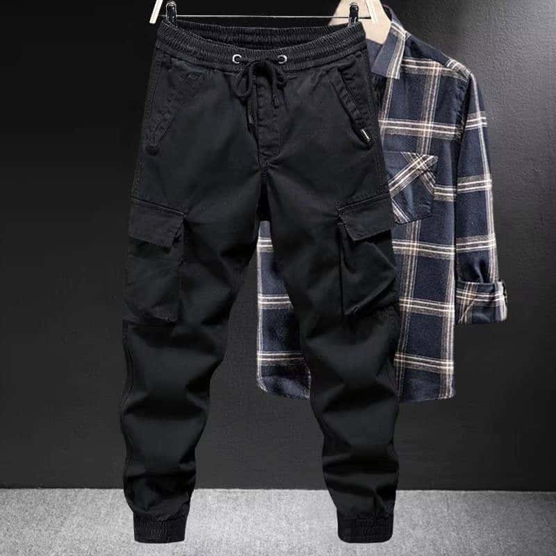 Men's black high waist loose fit cargo pants