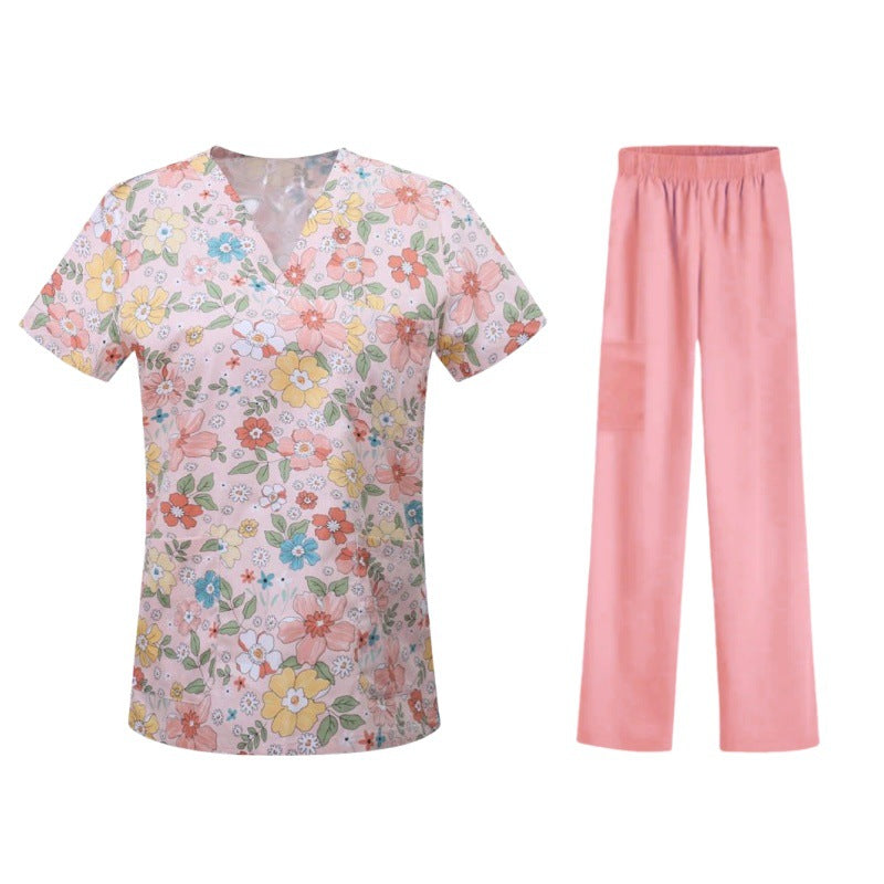 Cartoon Print Medical Scrubs - V-Neck Unisex