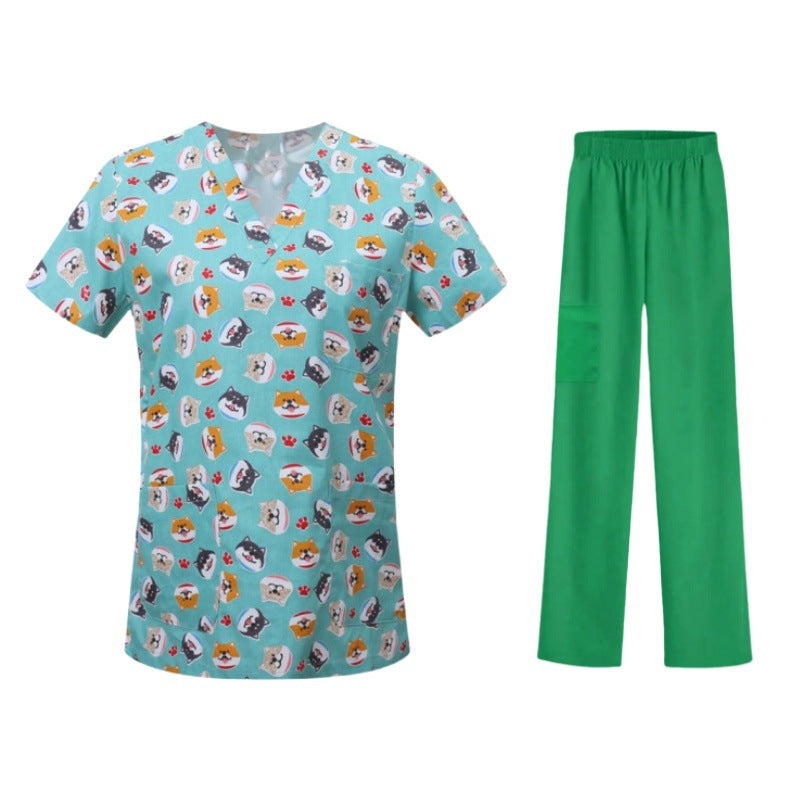 Cartoon Print Medical Scrubs - V-Neck Unisex