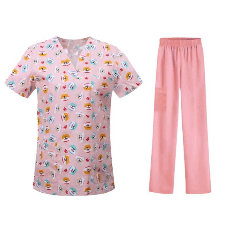 Cartoon Print Medical Scrubs - V-Neck Unisex