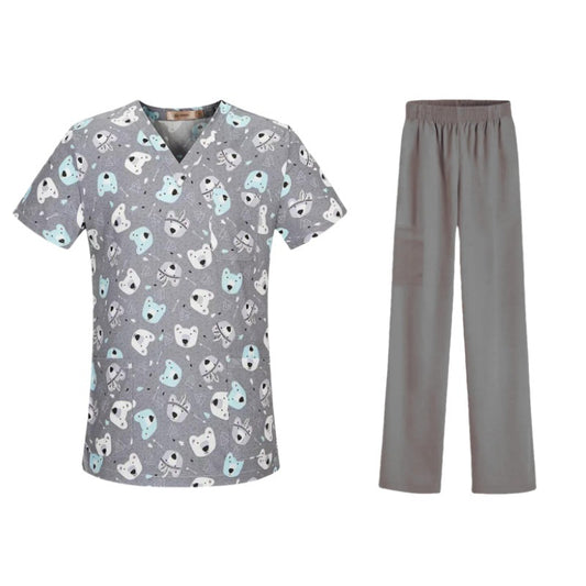 Cartoon Print Medical Scrubs - V-Neck Unisex
