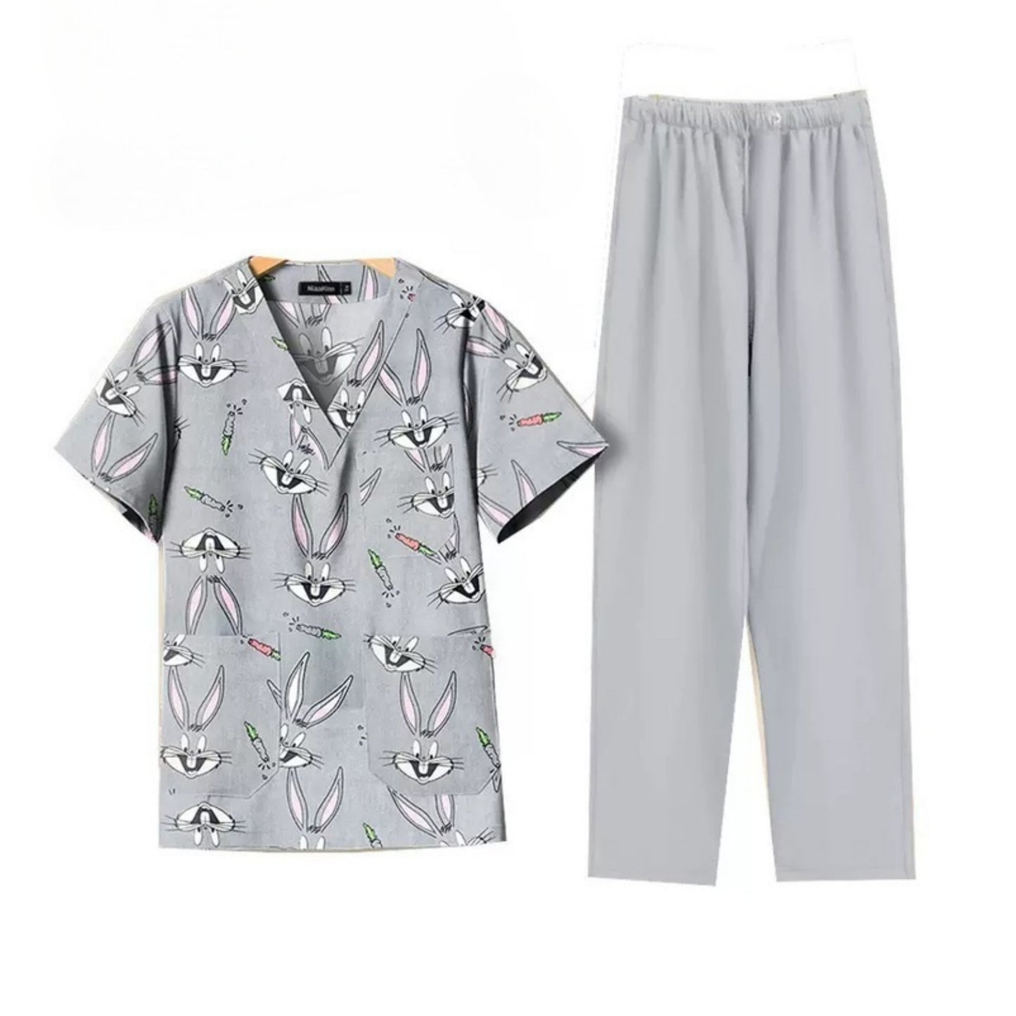 Cartoon Print Medical Scrubs - V-Neck Unisex