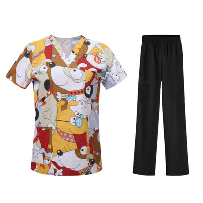 Cartoon Print Medical Scrubs - V-Neck Unisex