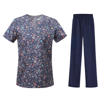 Cartoon Print Medical Scrubs - V-Neck Unisex