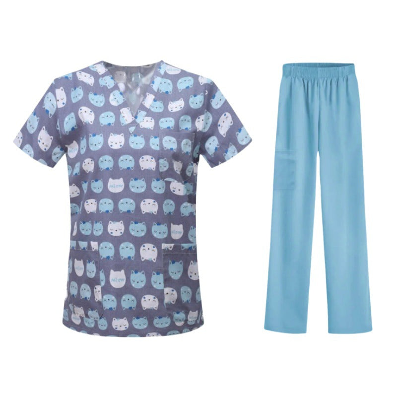 Cartoon Print Medical Scrubs - V-Neck Unisex