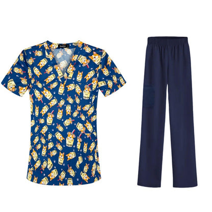 Cartoon Print Medical Scrubs - V-Neck Unisex
