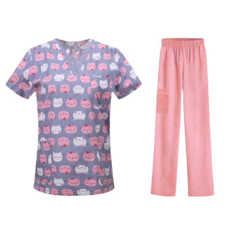 Cartoon Print Medical Scrubs - V-Neck Unisex