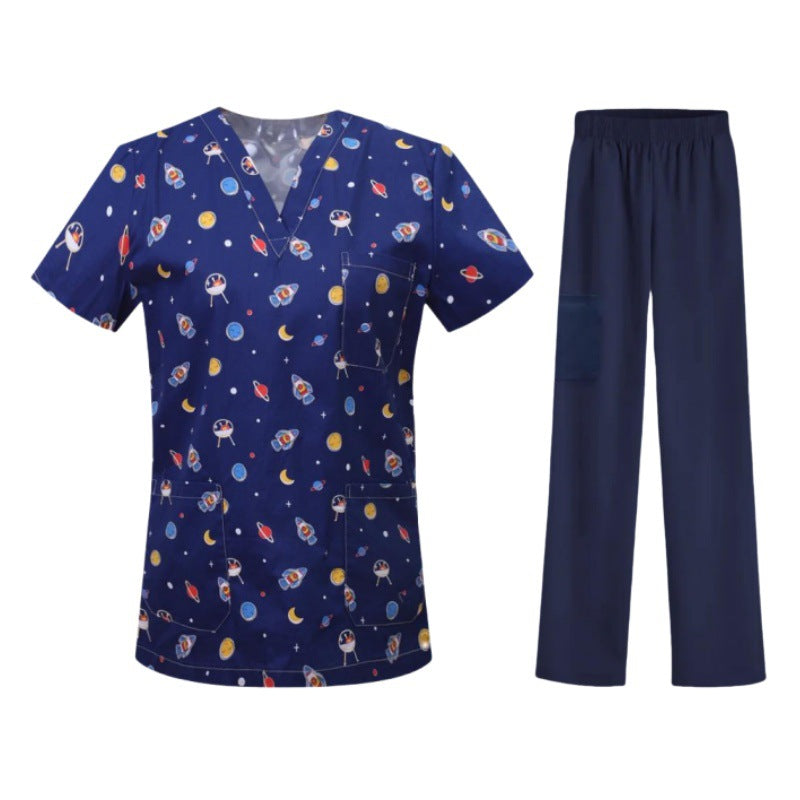 Cartoon Print Medical Scrubs - V-Neck Unisex