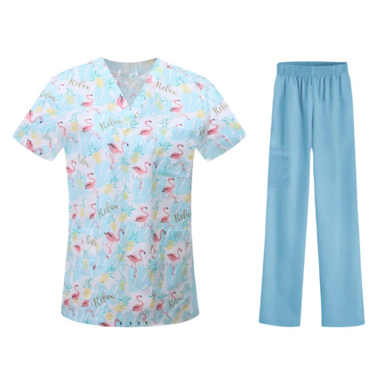 Cartoon Print Medical Scrubs - V-Neck Unisex