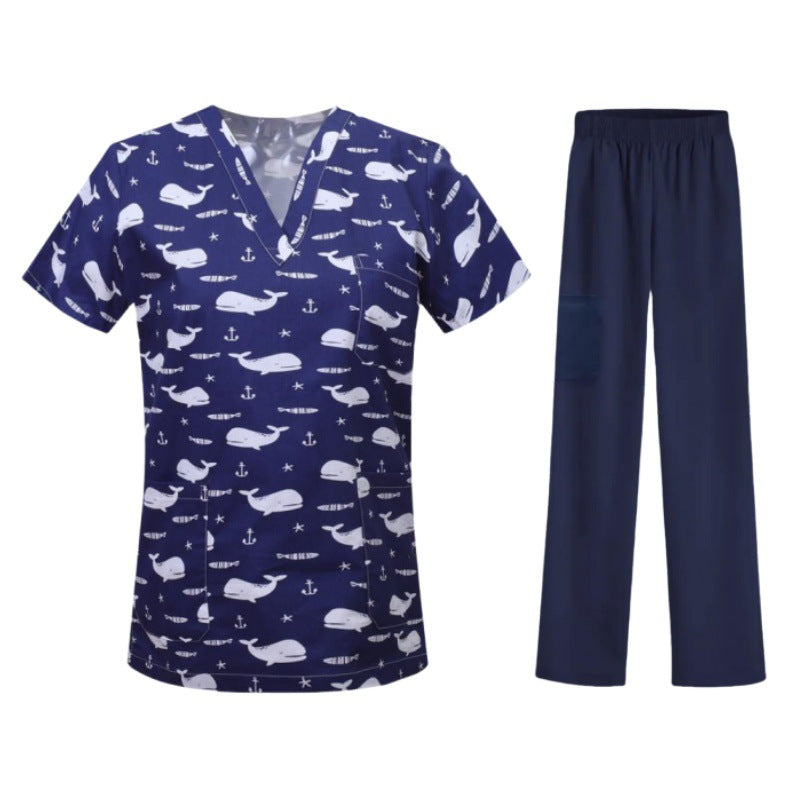 Cartoon Print Medical Scrubs - V-Neck Unisex