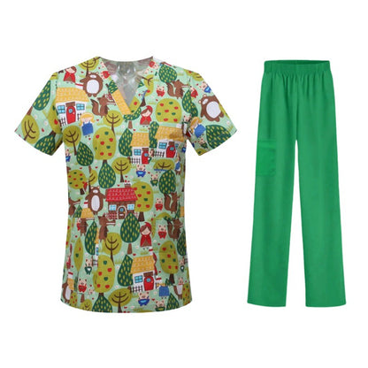 Cartoon Print Medical Scrubs - V-Neck Unisex