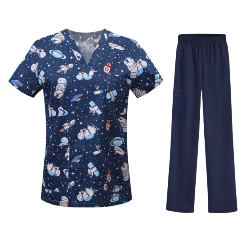 Cartoon Print Medical Scrubs - V-Neck Unisex