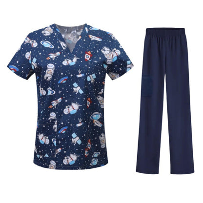 Cartoon Print Medical Scrubs - V-Neck Unisex