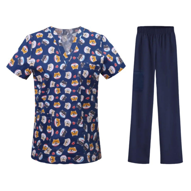 Cartoon Print Medical Scrubs - V-Neck Unisex