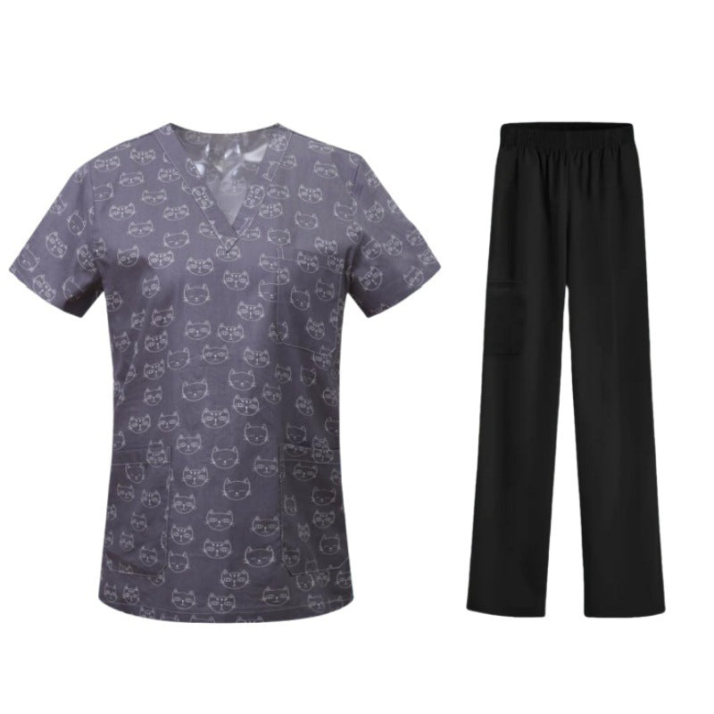 Cartoon Print Medical Scrubs - V-Neck Unisex