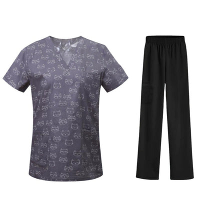Cartoon Print Medical Scrubs - V-Neck Unisex