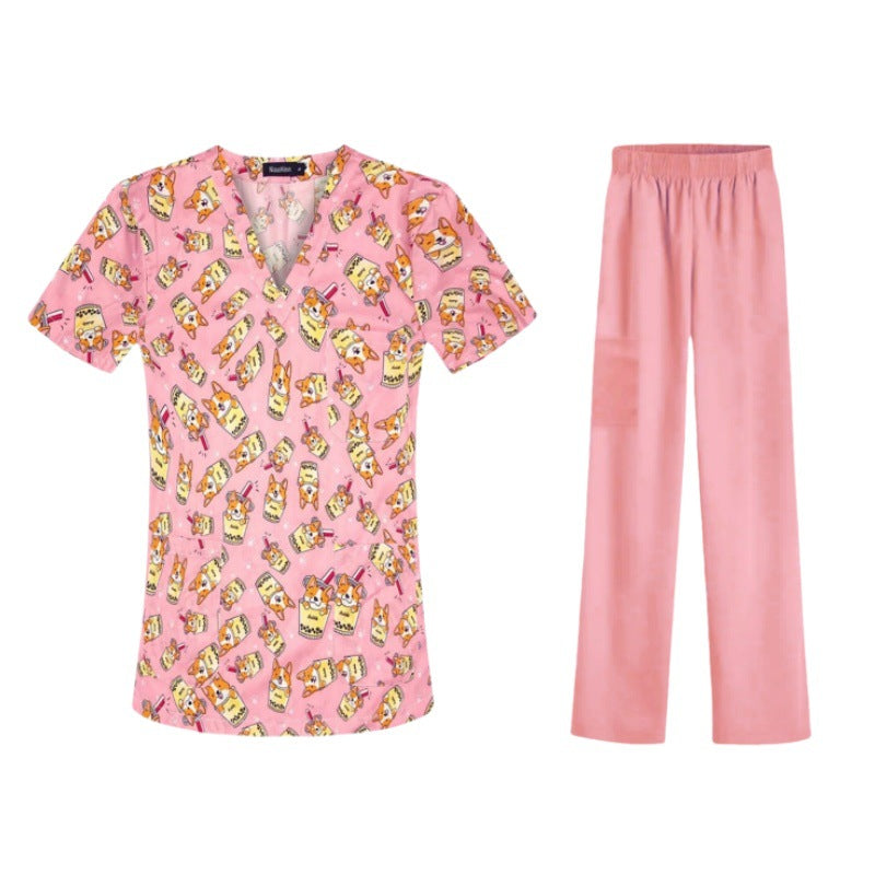 Cartoon Print Medical Scrubs - V-Neck Unisex