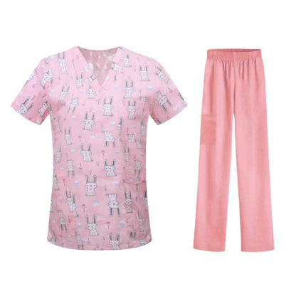 Cartoon Print Medical Scrubs - V-Neck Unisex