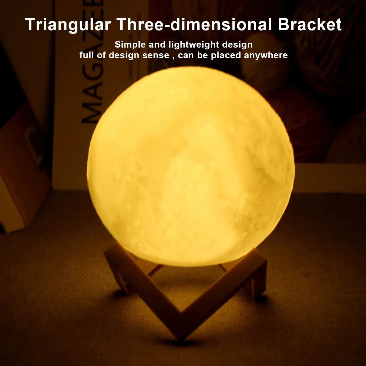 D5 Starry Moon Lamp 8cm on wooden stand glowing