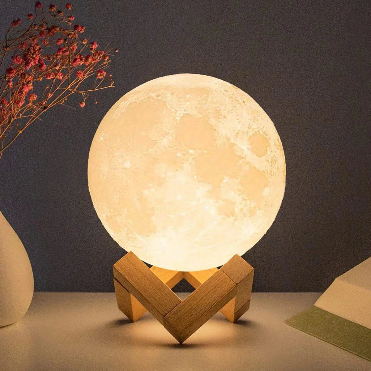 8cm starry moon lamp with wooden stand glowing